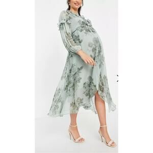 ASOS Design Maternity Ruffle Tie Detail Plunge Midi Dress Green Floral Size 14